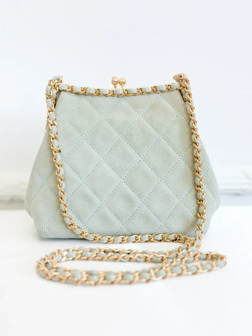 Vintage Chanel Quilted Suede Chain Frame Bag – Mint Green Kiss Lock Shoulder Bag